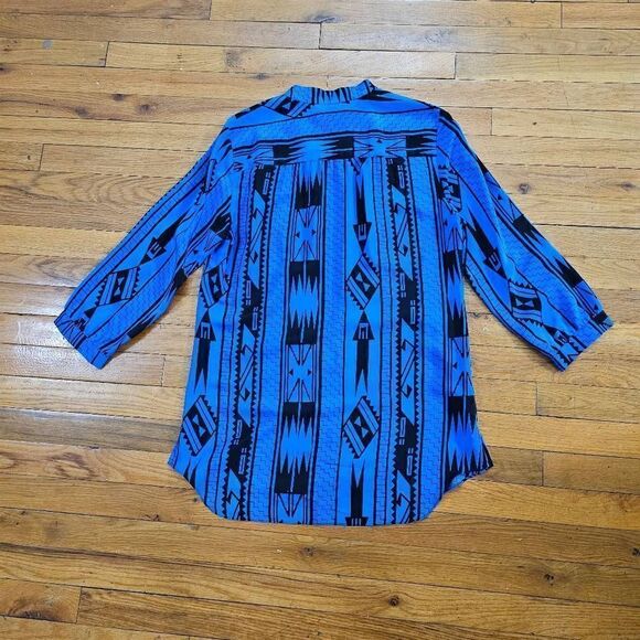 Amanda Uprichard Silk Top Blouse Size Medium Aztec Print Blue Black - Picture 3 of 6